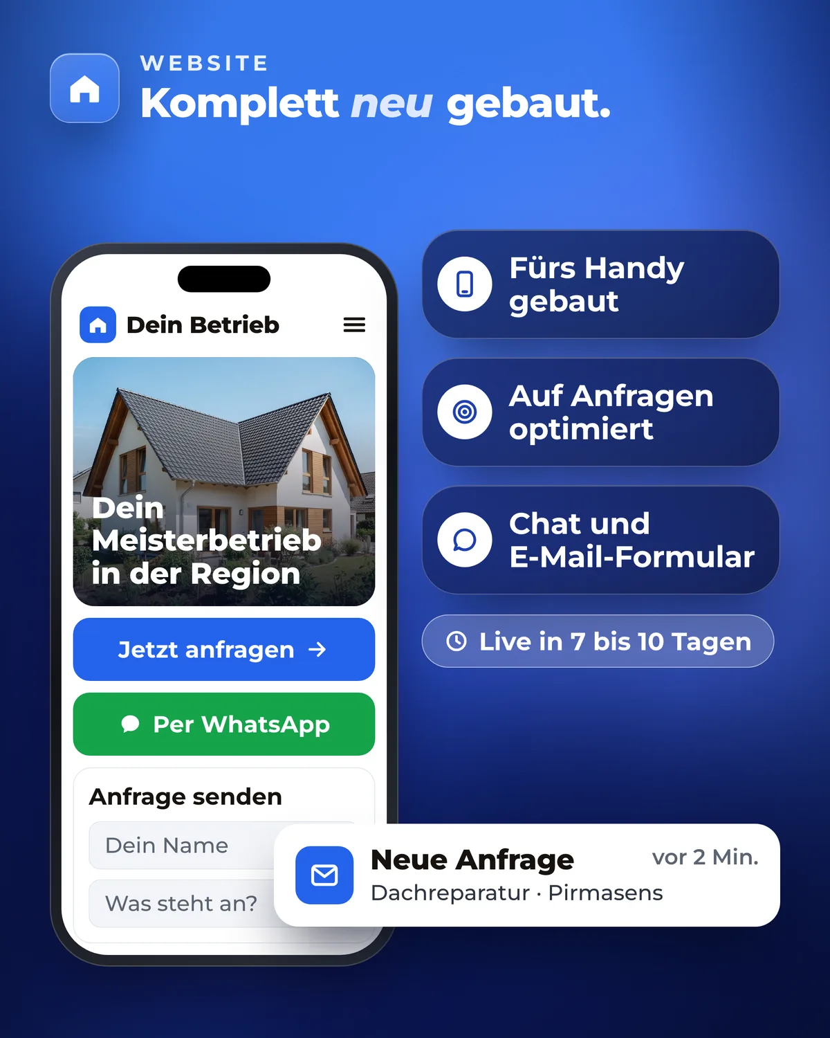 Handy mit Handwerker-Website, Anfrage-Button, WhatsApp und Formular, daneben die Meldung: Neue Anfrage